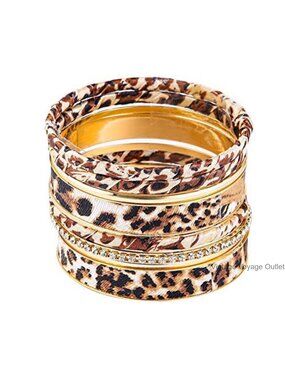 Mottled Leopard Bangle Bracelet Set Stackable Gold Tone Cuff